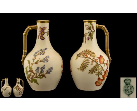 Royal Worcester Hand Painted Pair of Ivory Ground Jugs. Each Decorated with Pleasing Floral Images, The Handles In the Form N