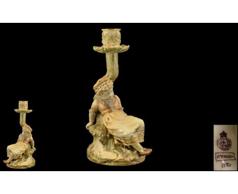 Royal Worcester - 19th Century Hand Painted Figural Candlestick, Depicting a Young Girl by a Tree, Painted In Pastel Colours.