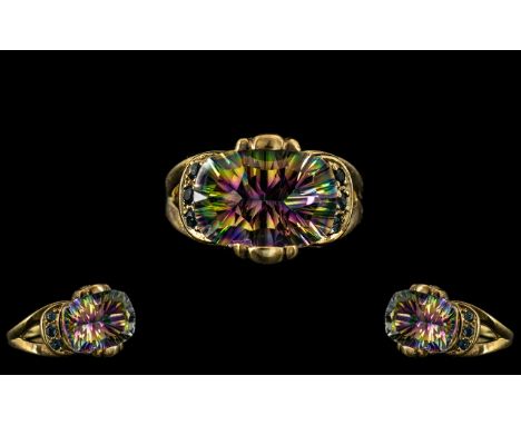 Ladies Attractive 9ct Gold Mystic Topaz and Diamond Set Dress Ring, Excellent Ornate Setting and Solid Construction. Ring Siz