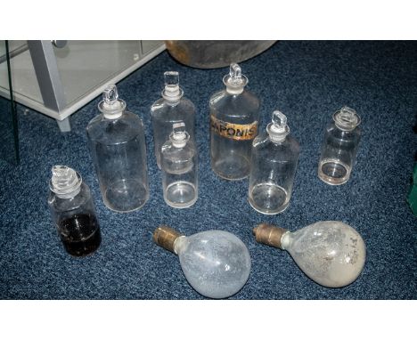 Antique Poison Bottles + Others, Lots of Bottles with Stoppers, Along with very Large Chemistry Bottle 15 Inches and Two Anti