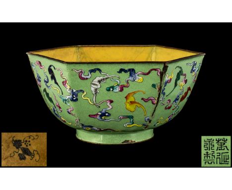 Chinese Antique Hexagonal Shaped Canton Enamel Bowl of Extremely Fine Quality Painting, Depicting Bats In Flights on a Green 