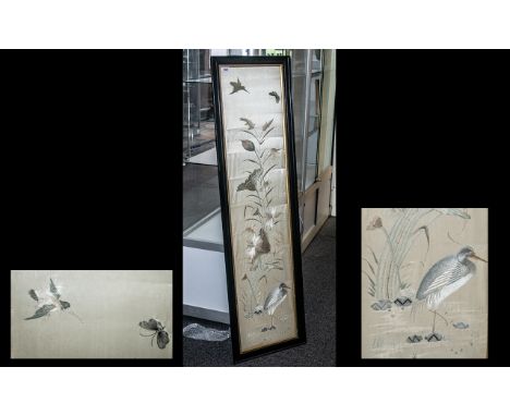 A Large Antique Chinese Silk Embroided Panel Depicting a Stork Amongst Lily Pads and Poppy's, with Birds and Butterflies. Siz