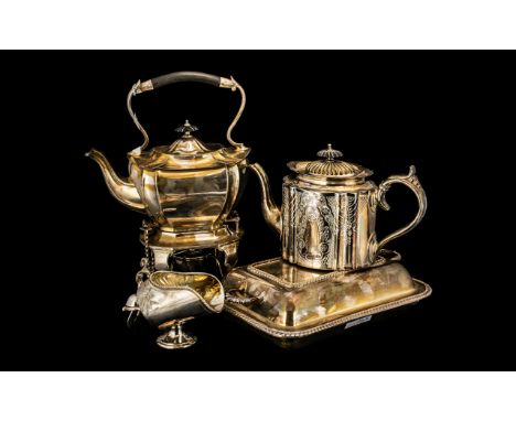 Four Pieces Of Silver Plated Ware Comprising A Spirit Kettle, Teapot, Sugar Scuttle With Scoop And An Entree Dish And Cover. 