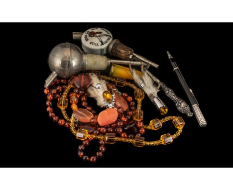 Good Assortment of Collectibles, comprising: Silver handled small axe, hallmarked; Amber cheroot; vintage pen; Bakelite and g