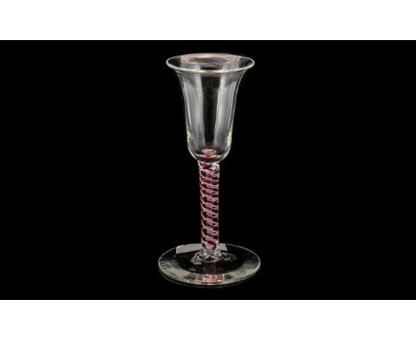 Antique Wine Glass with a Bell Shaped Bowl, Supported by a Ruby Red and White Cotton Thread, Spiralling Stem. 6.1/4 Inches Hi