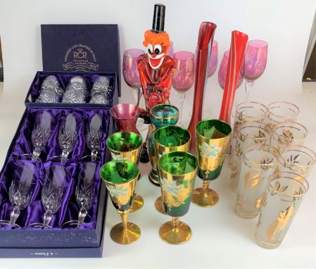 Assorted coloured glasses including boxed set of 6 RCR crystal champagne flutes, boxed set of 6 RCR crystal whisky tumblers, 