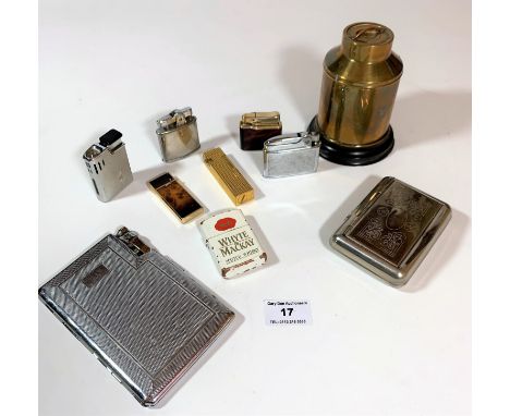 7 assorted lighters, 1 combination cigarette case/lighter, tobacco tin and cigarette dispenser