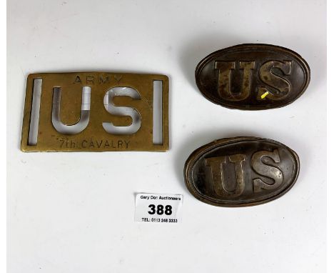 2 U.S. belt buckles and 1 U.S. Army 7th Cavalry belt buckle
