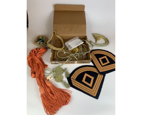 Assorted helmet cords, plumes, sash and chevrons, circa 1800 reproductions and bag of brass accessories