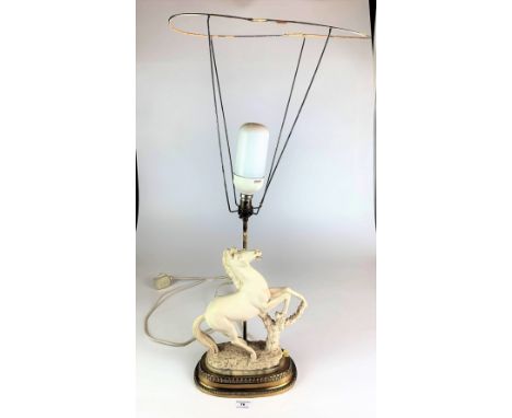 Porcelain horse figure lamp, 17” high to socket, 31” high to top of lampshade fitting