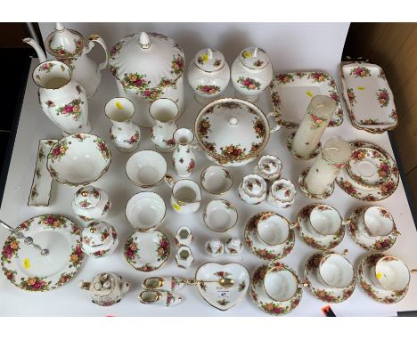 52 piece Royal Albert Country Rose tea set with ornaments including vases, jam pots, shoes, dishes, bread bin, cake stand, ca