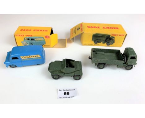 Boxed Dinky Toys, no. 623 Army Covered Wagon, no. 481 Bedford Ovaltine Van and unboxed no. 673 Scout Car