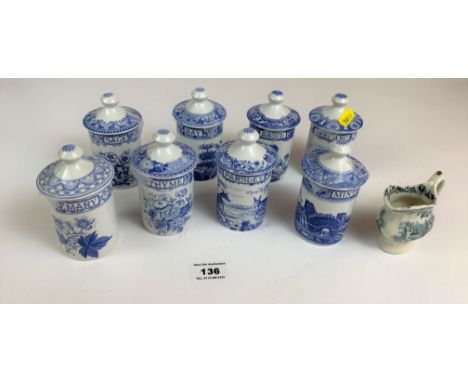 8 Spode The Blue Room Collection lidded spice jars 4.5” high (no damage) and small blue/white jug (chipped)