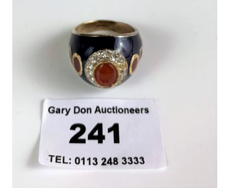 Silver and blue enamel ring with red and white stones, size Q, w: 7.2 gms