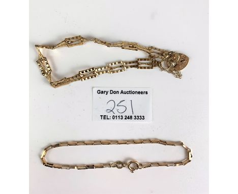 9k gold gate bracelet with heart lock, length 7” and 9k gold bracelet, length 7”, total w: 5.2 gms