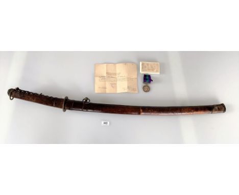 Captured Japanese sword with certificate of authorisation for possession&nbsp; in leather scabbard, total length 39.5” with W