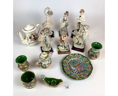 6 G. Armani girl figures, Spode Queens Silver Jubilee teapot, small Capo di Monte teapot and 5 hand decorated green/gold piec