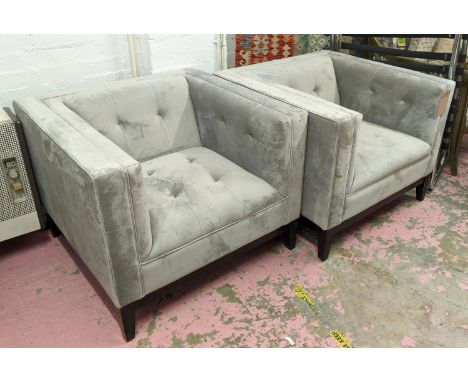 ARMCHAIRS, a pair, 88cm W, contemporary, grey velvet button back finish. (2) 