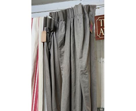 CURTAINS, a pair, contemporary grey with chevron design, cream lining, 270cm H x 80cm. (2) 