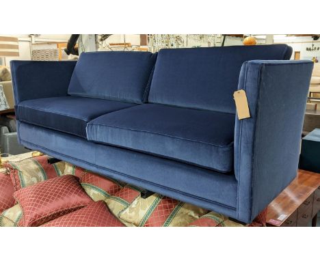 SOFA, 205cm W, contemporary blue velvet upholstered. 