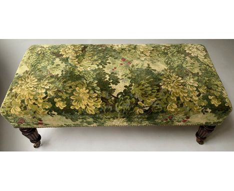 HEARTH STOOL, rectangular with berry and foliage tapestry studded upholstery, 110cm W x 42cm H. 