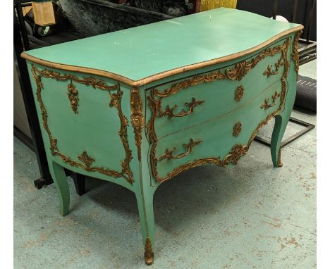 COMMODE, 129cm x 65cm x 83cm, Louis XV style blue painted and gilt metal mounted with two drawers. 
