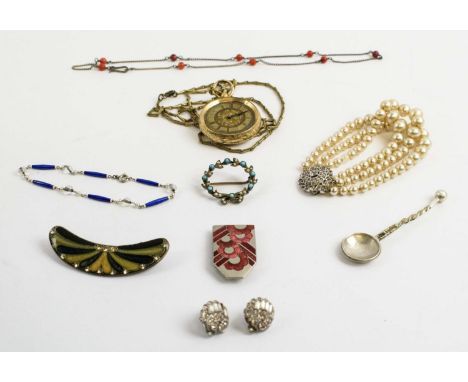 A COLLECTION OF ASSORTED JEWELLERY, comprising an Art Deco enamel brooch, an Art Deco and belt buckle, a Victorian turquoise 