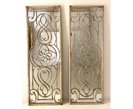 ARCHITECTURAL WALL MIRRORS, a pair, Italian style, white painted distressed frames, 162cm H x 51cm. (2) 