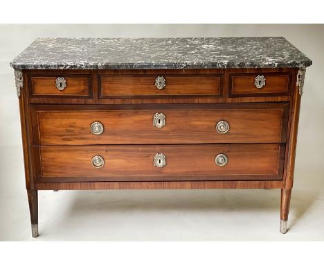COMMODE, 130cm x 58cm D x 84cm H, Louis XVI late 18th century kingwood and crossbanded, with marble top above three short and