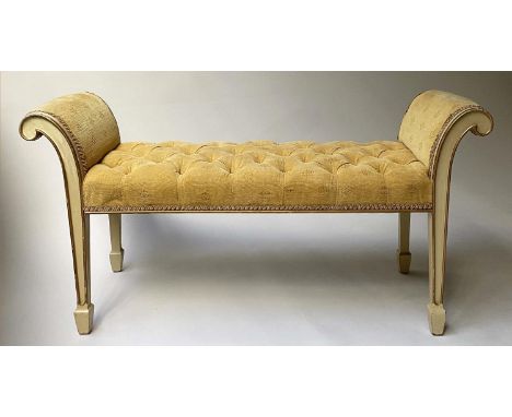 WINDOW SEAT, French style grey parcel gilt with scroll arms and deep button velvet upholstered seat, 115cm x 38cm x 58cm H. 