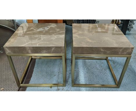 SOFA AND CHAIR COMPANY SIDE TABLES, a pair, marble tops with gold zone frames, square, 55cm H x 55cm x 55cm, cubic form. 