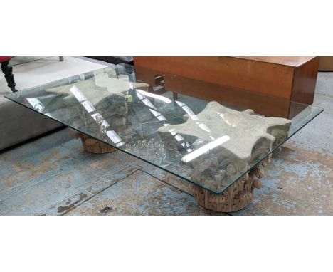 LOW TABLE, 100cm D x 171cm L x 45cm H, architectural column supports, glass top. 