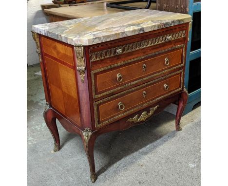 COMMODE, 85cm W x 45cm D x 83cm H, Transitional style mahogany with marble top, gilt metal mounts and three drawers. 
