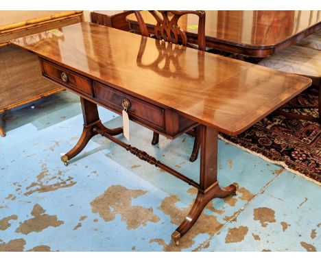 RACKSTRAW SOFA TABLE, 163cm W open x 76.5cm H x 56cm D mahogany and string inlaid drop flap with two short drawers. 