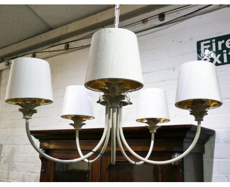 CHANDELIER, 65cm x 50cm H excluding chain, painted with pineapple body and five lights with fabric shades. 