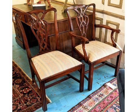 RACKSTRAW DINING CHAIRS, a set of ten, including two carvers, 61cm W x 98cm H Chippendale style mahogany framed, each with a 