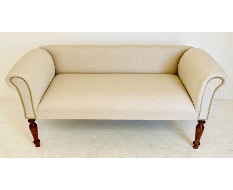 WINDOW SOFA, 135cm W, neutral linen upholstered, turned supports. 