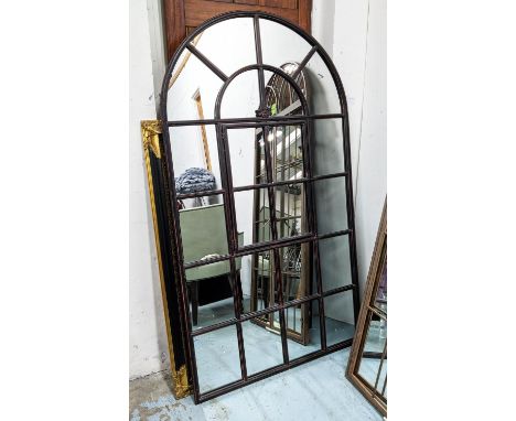 ARCHITECTURAL WALL MIRROR, 92cn x 166cm, gated central detail, black painted metal frame. 