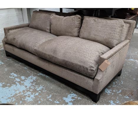 SOFA, 220cm W, contemporary brown fabric upholstered studded detail. 