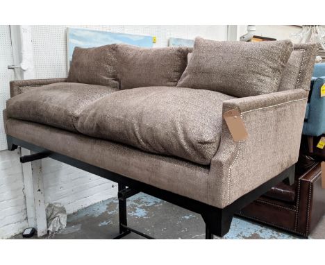 SOFA, 220cm W, contemporary brown fabric upholstered studded detail. 