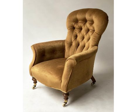 ARMCHAIR, Victorian mahogany with rust brown velvet button upholstery and 'Cope &amp; Collins' patent gilt castors, 75cm W. 