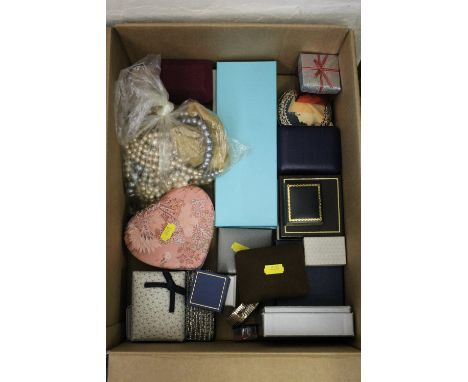 Box of assorted costume jewellery to include pearls, cased earrings, wrist watches, brooches, trinket boxes, Celtic type broo