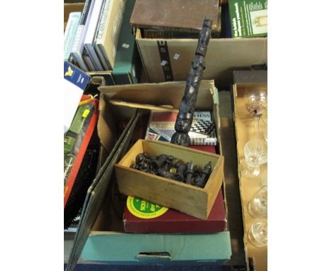 Box of assorted mainly games to include Staunton type chess pieces, vintage scrabble, dominoes, travel chess, playing cards e