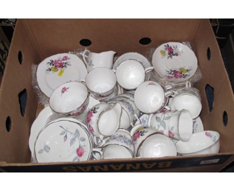 Box of assorted part tea ware items to include Royal Sutherland and Royal Vale to include cups, saucers, plates, sucrier, mil