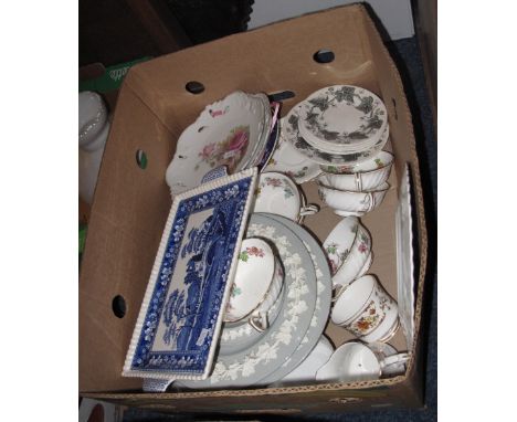 Box of assorted china to include: Wedgwood relief foliate plates; Minton Vermont two-handled bowls; Spode blue Tower rectangu