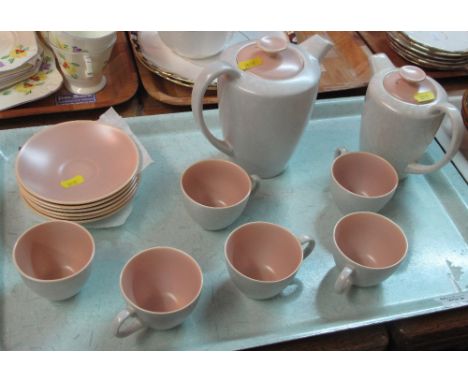 Tray of Poole pottery part coffee set comprising coffee cups, saucers, coffee pot, sucrier etc.  Printed marks Poole England.