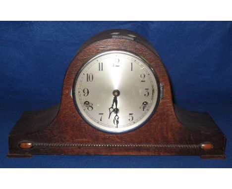 20th Century oak case, three train, hat shaped mantel clock.
