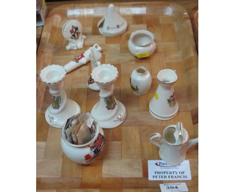 Tray of mainly assorted crested ware items comprising Willow art watering can, Florentine candle sticks, Goss cannon, Wade co