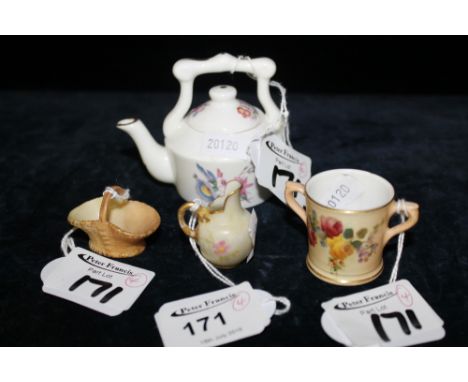 Royal Worcester miniature floral loving mug, helmet shaped jug, single handled basket and Coal port miniature tea pot.  (4) C