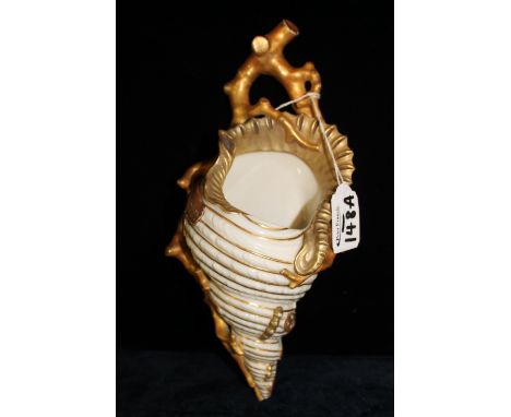 Royal Worcester porcelain shell shaped wall pocket with gilt decoration, puce marks to base.